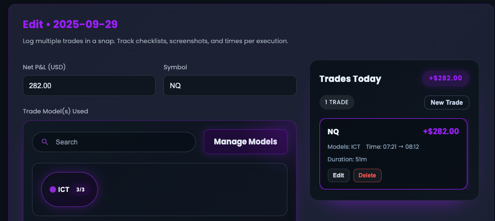 Daily trading journal entry template